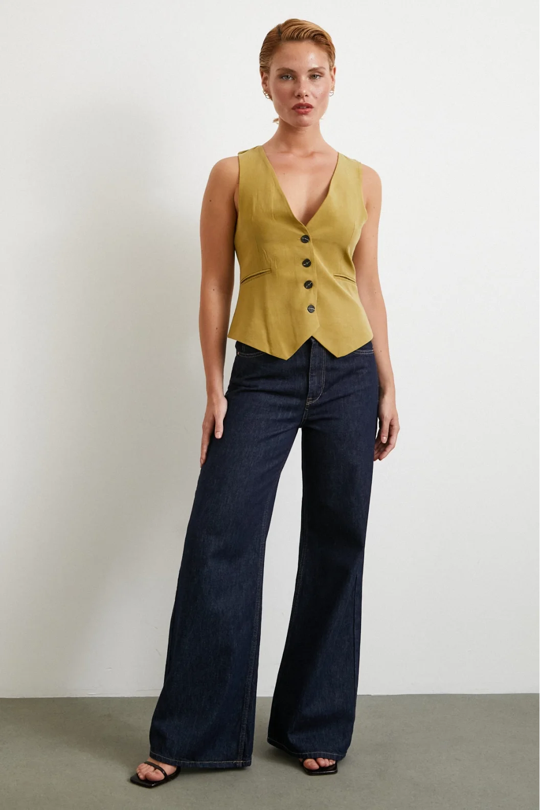 Cep Kapaklı Keten Yelek Olive