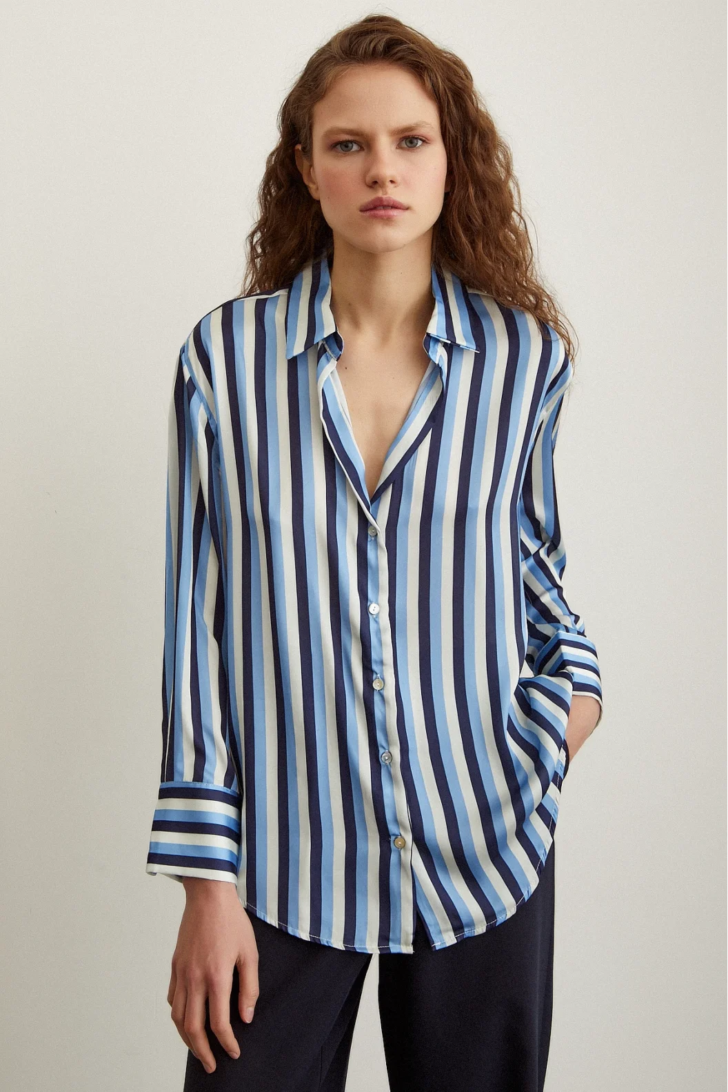 Striped Satin Shirt Navy
