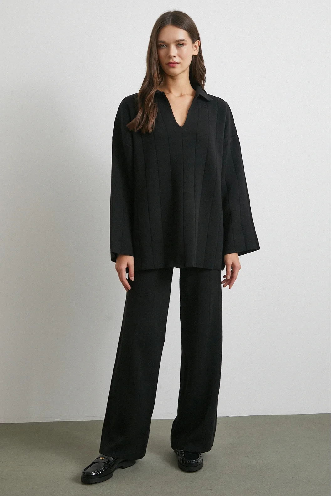 Polo Yaka Pantolonlu Triko Takım Siyah