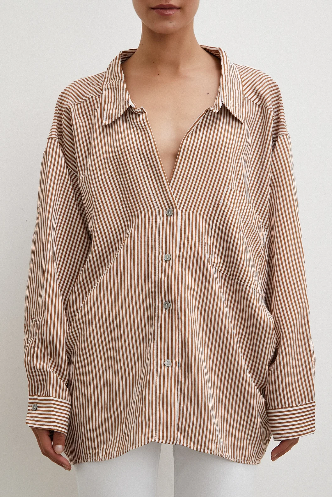 Bat Sleeve Striped Shirt Brown