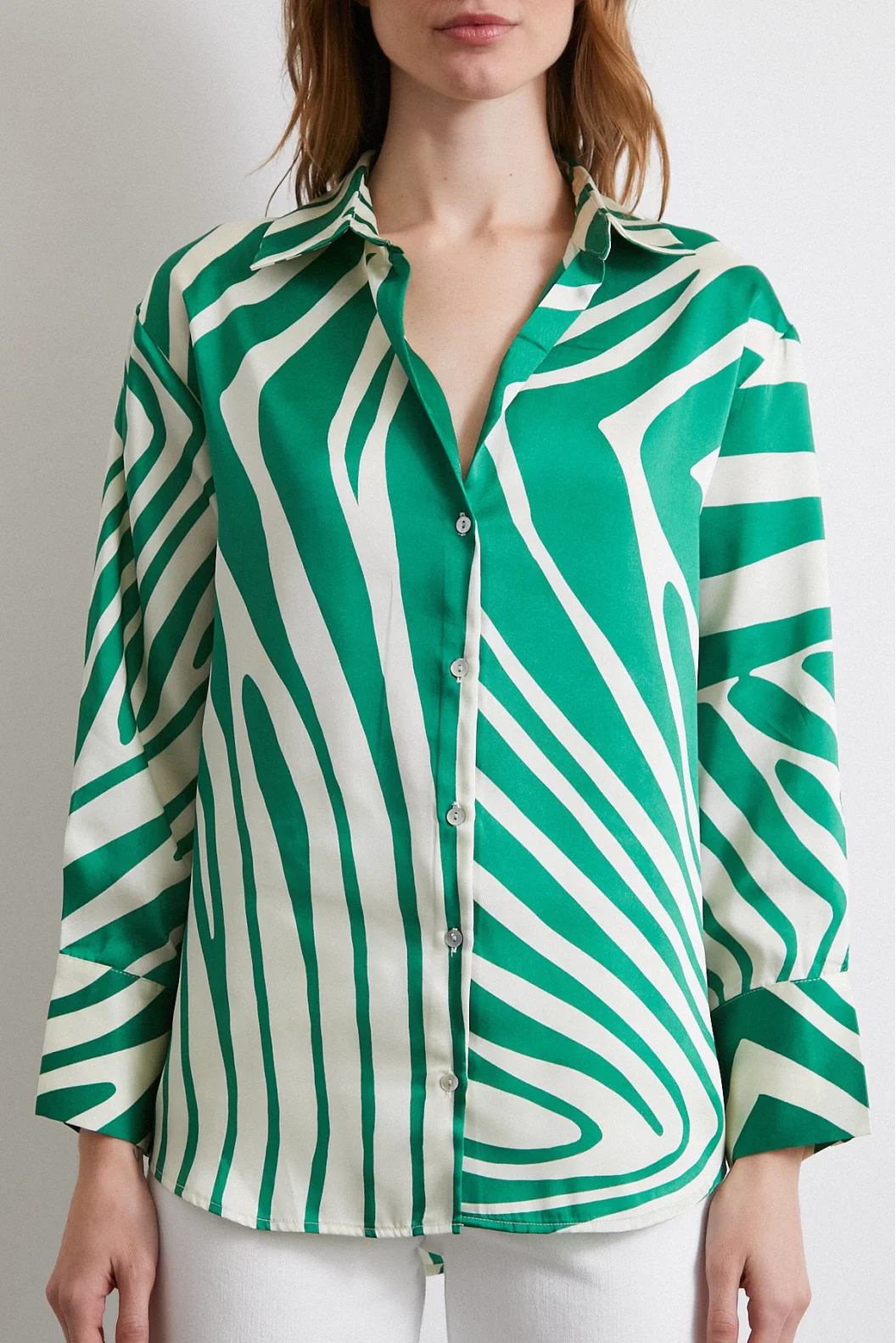 Zebra Pattern V Neck Shirt Green
