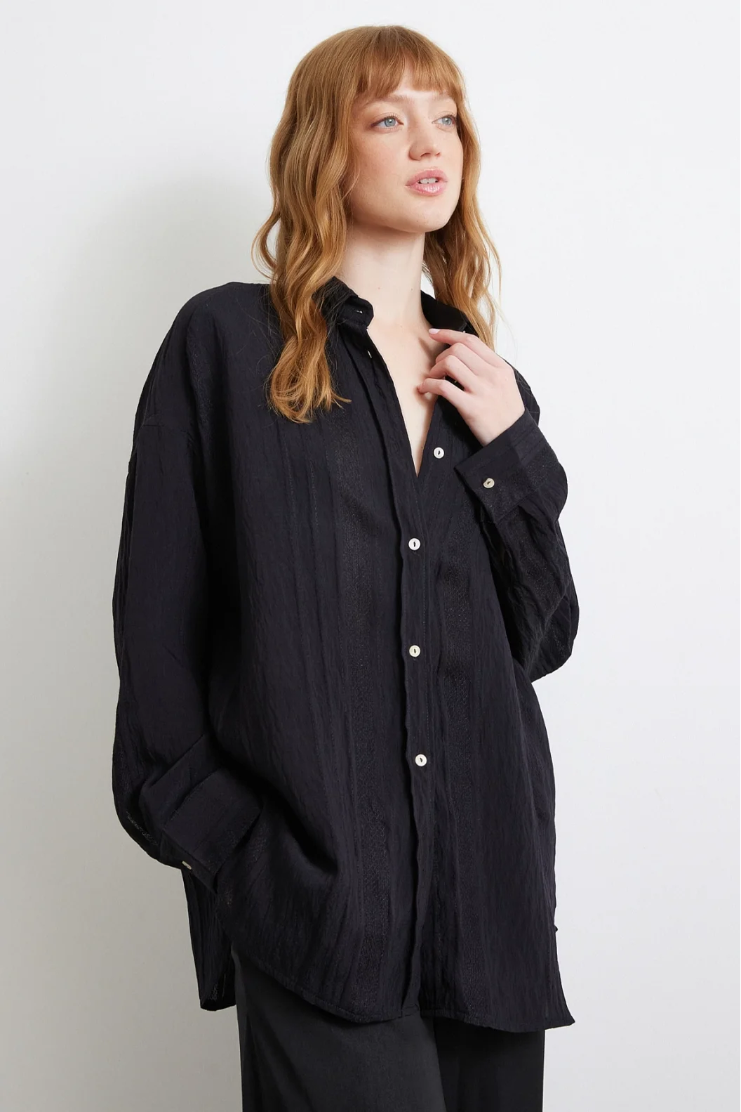 Lace-Detailed Sheer Cotton Shirt Black