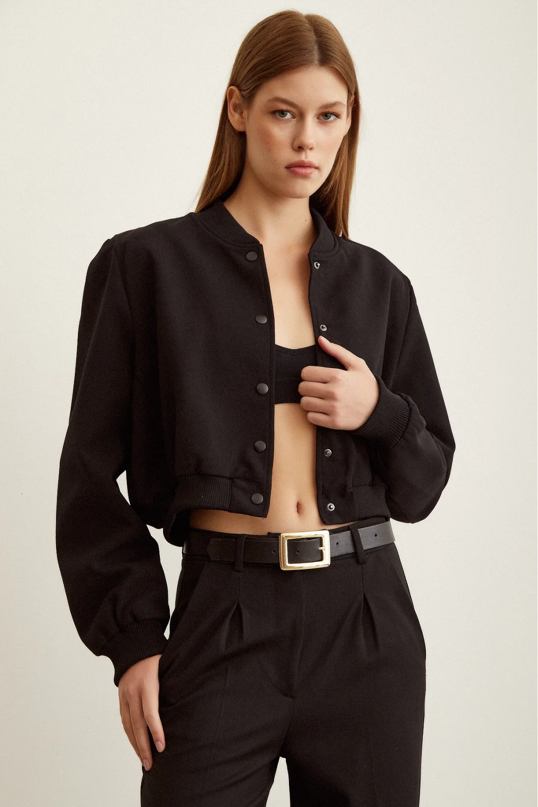 Padded Snap Fastener Jacket Black