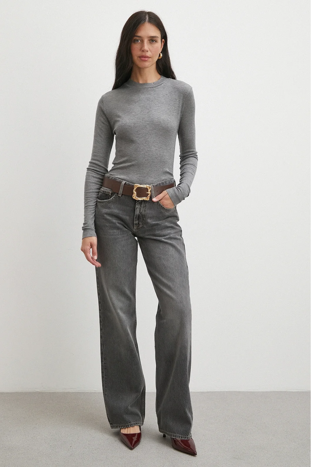 Bisiklet Yaka Uzun  Kol Bluz Gri