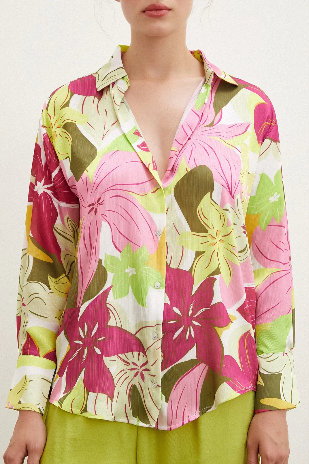 Flower Pattern Satin Shirt Pink