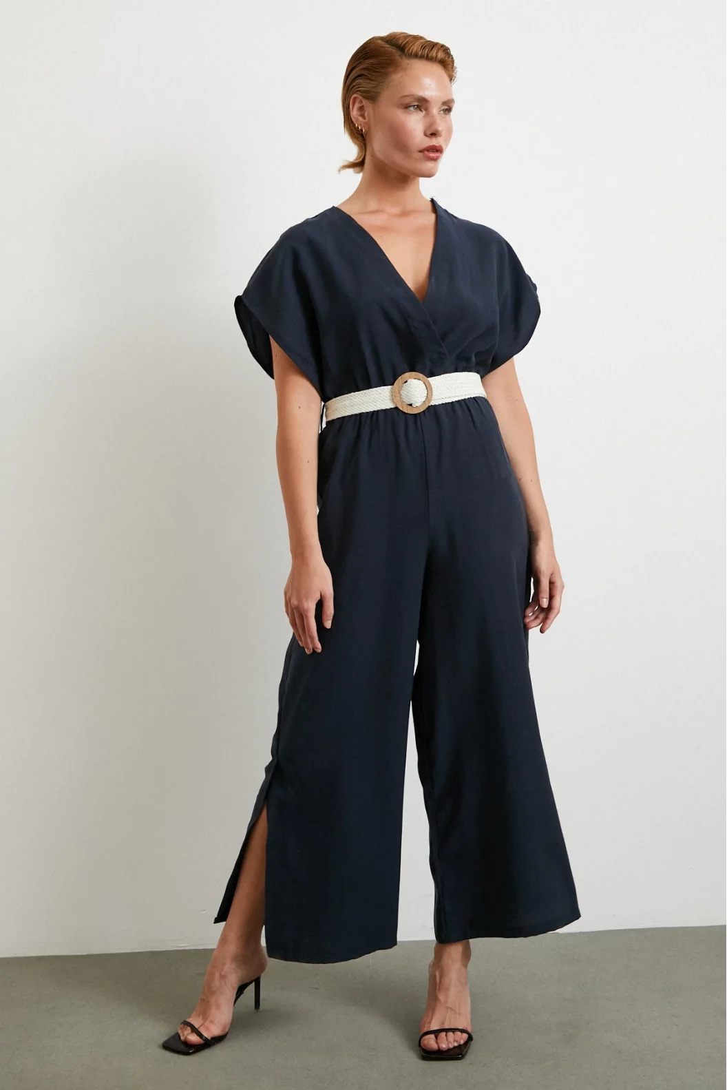 Belt Detailed Bat Sleeve Jumpsuit Navy
