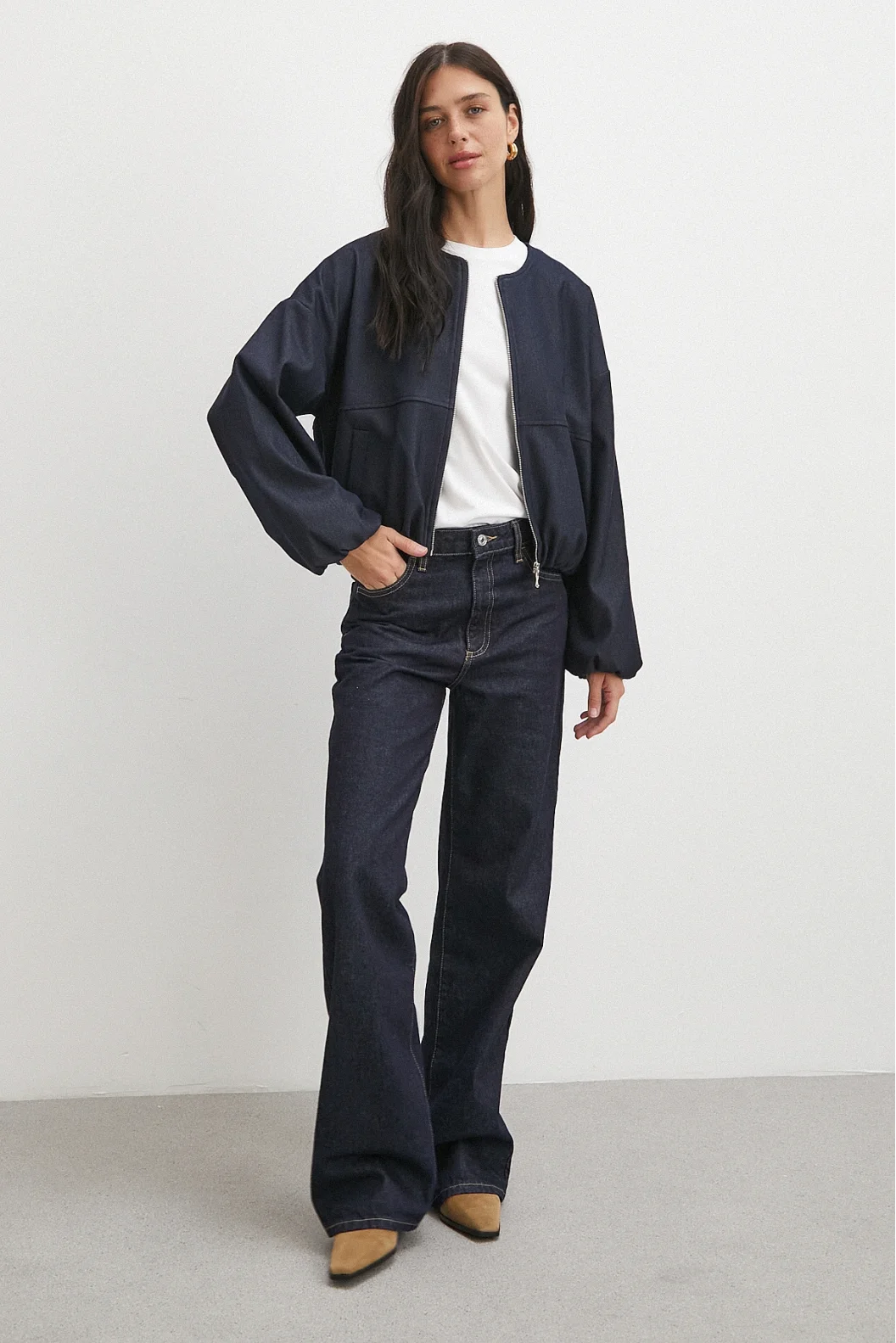 Beli Lastikli Fermuarlı Denim Görünümlü Bomber Ceket Lacivert