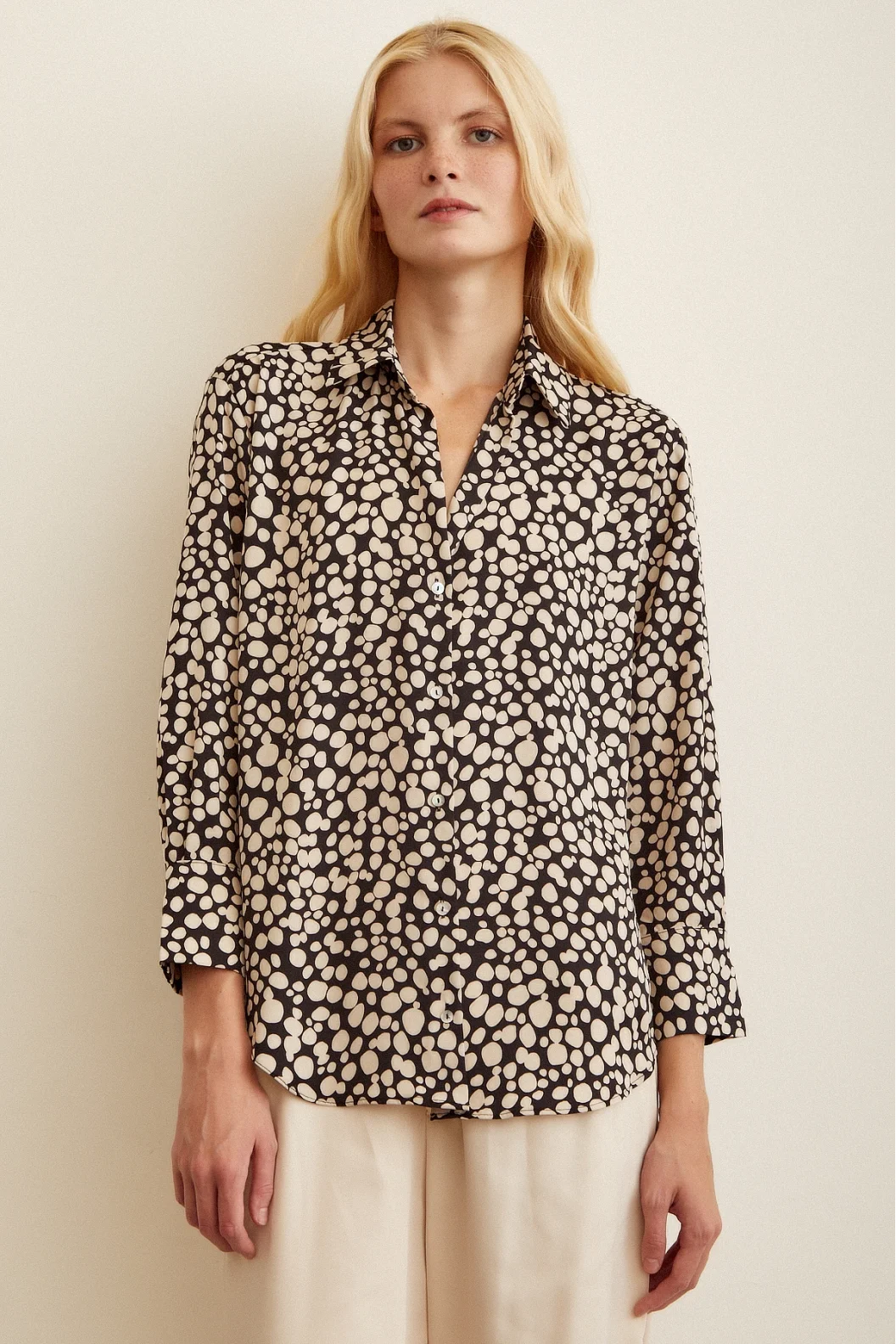Polka Dot Patterned Satin Shirt Black