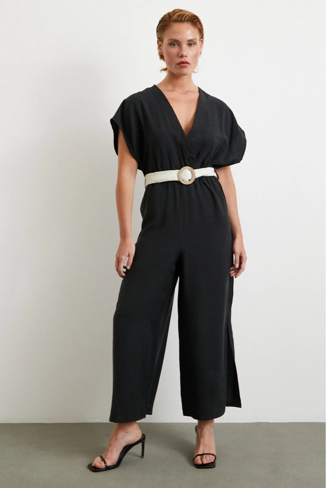 Belt Detailed Bat Sleeve Jumpsuit Black