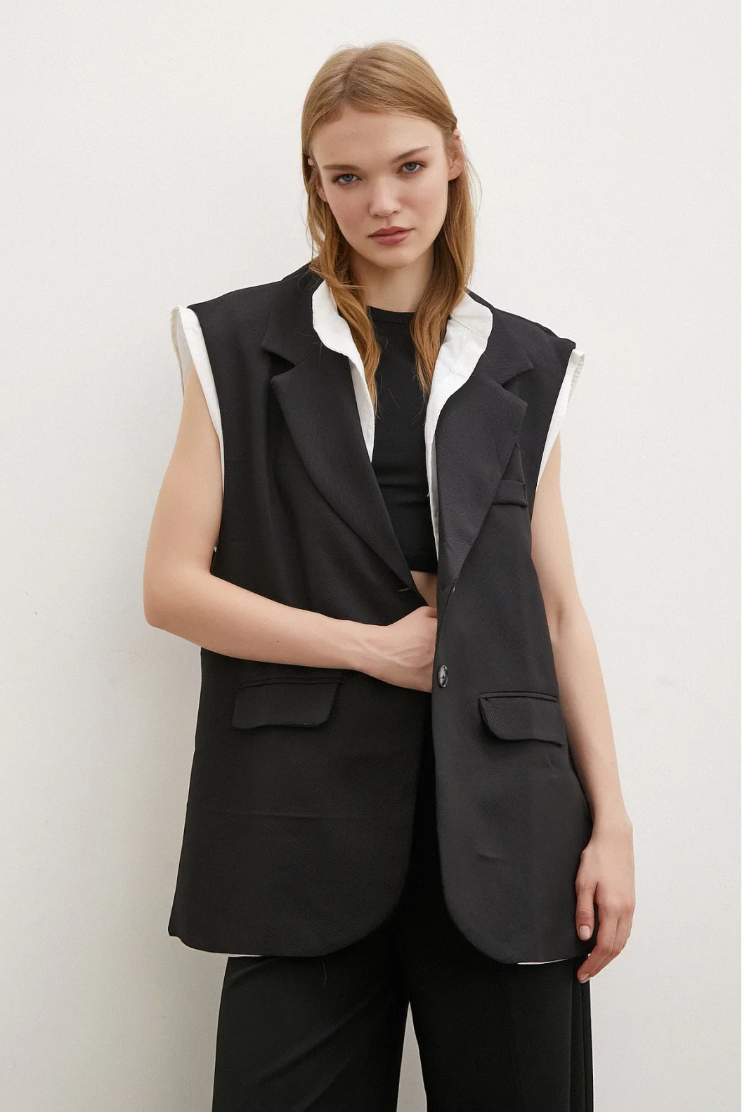 Shawl Collar Shirt Vest Black