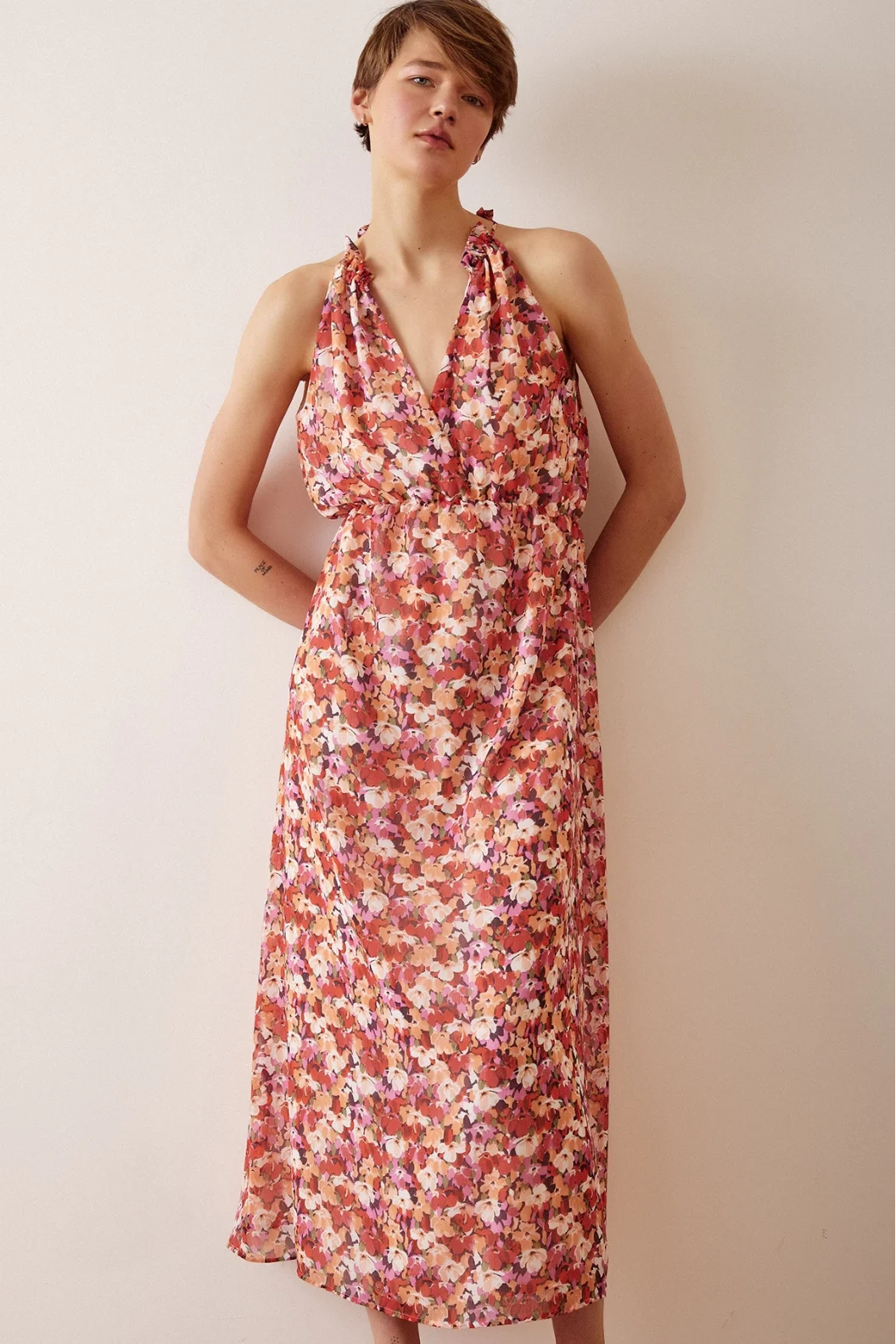 Floral Patterned Strappy Dress Cream
