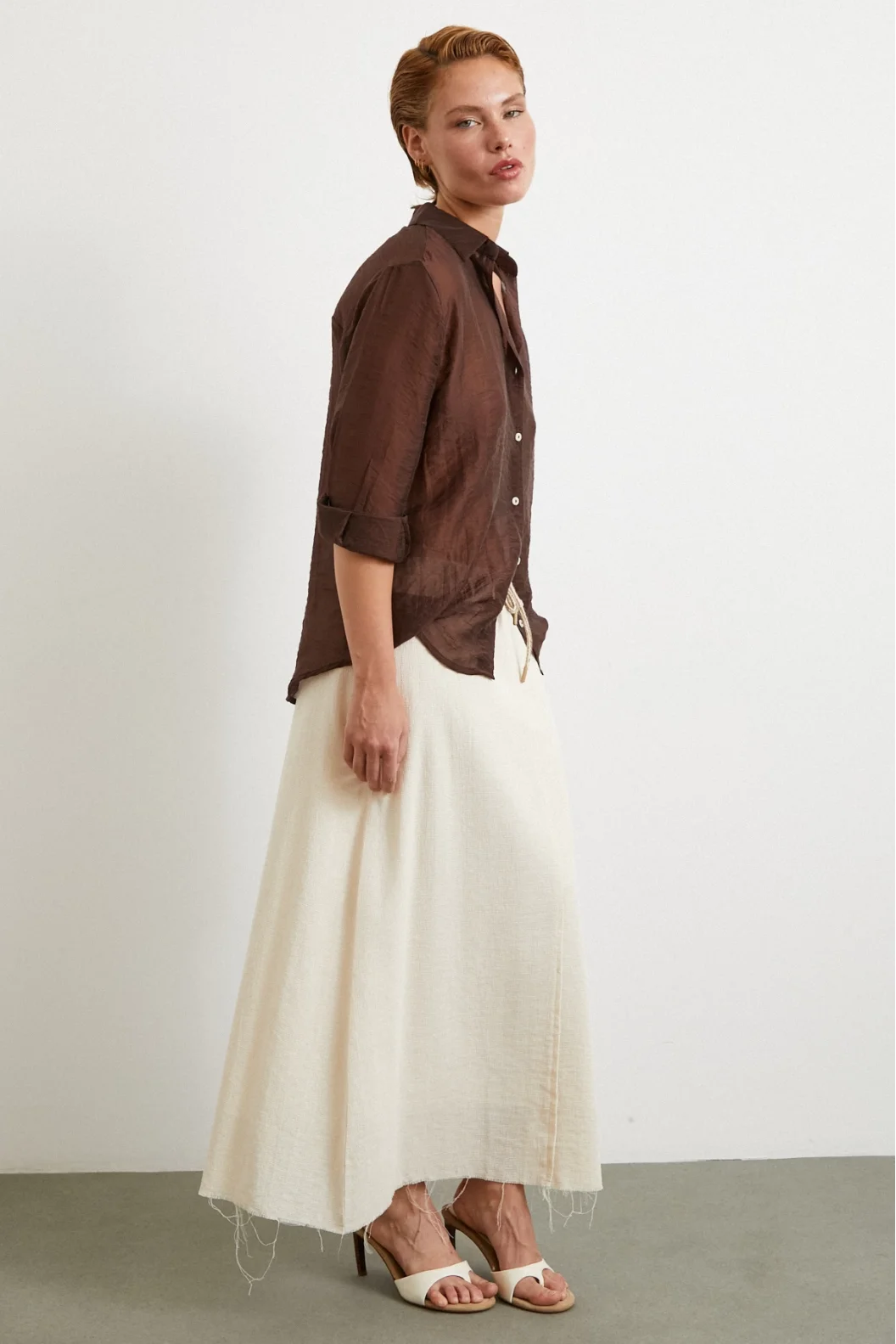 Beli Lastikli Astarlı Hasır Etek Krem