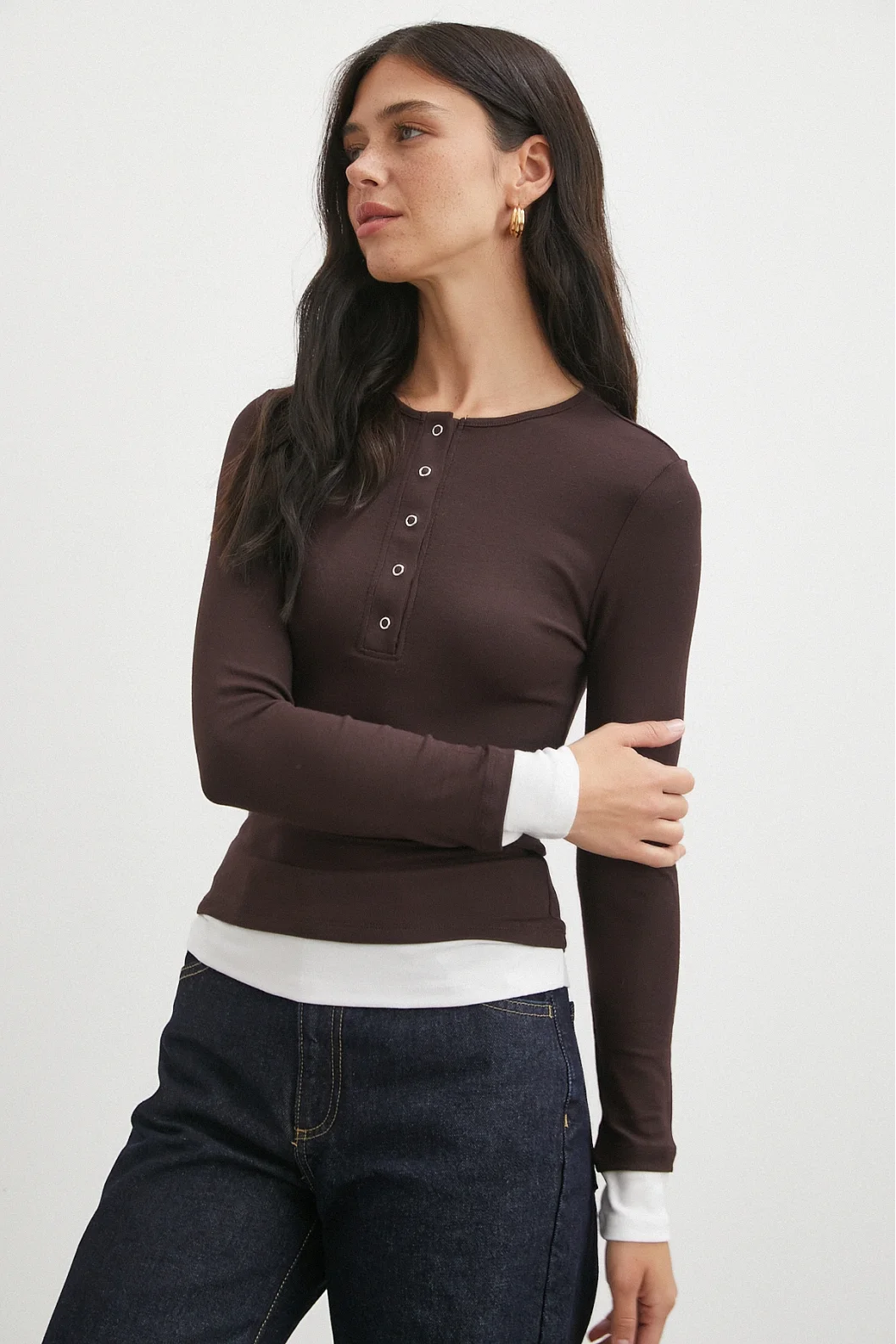 Garnili Çıtçıtlı Bluz Kahve