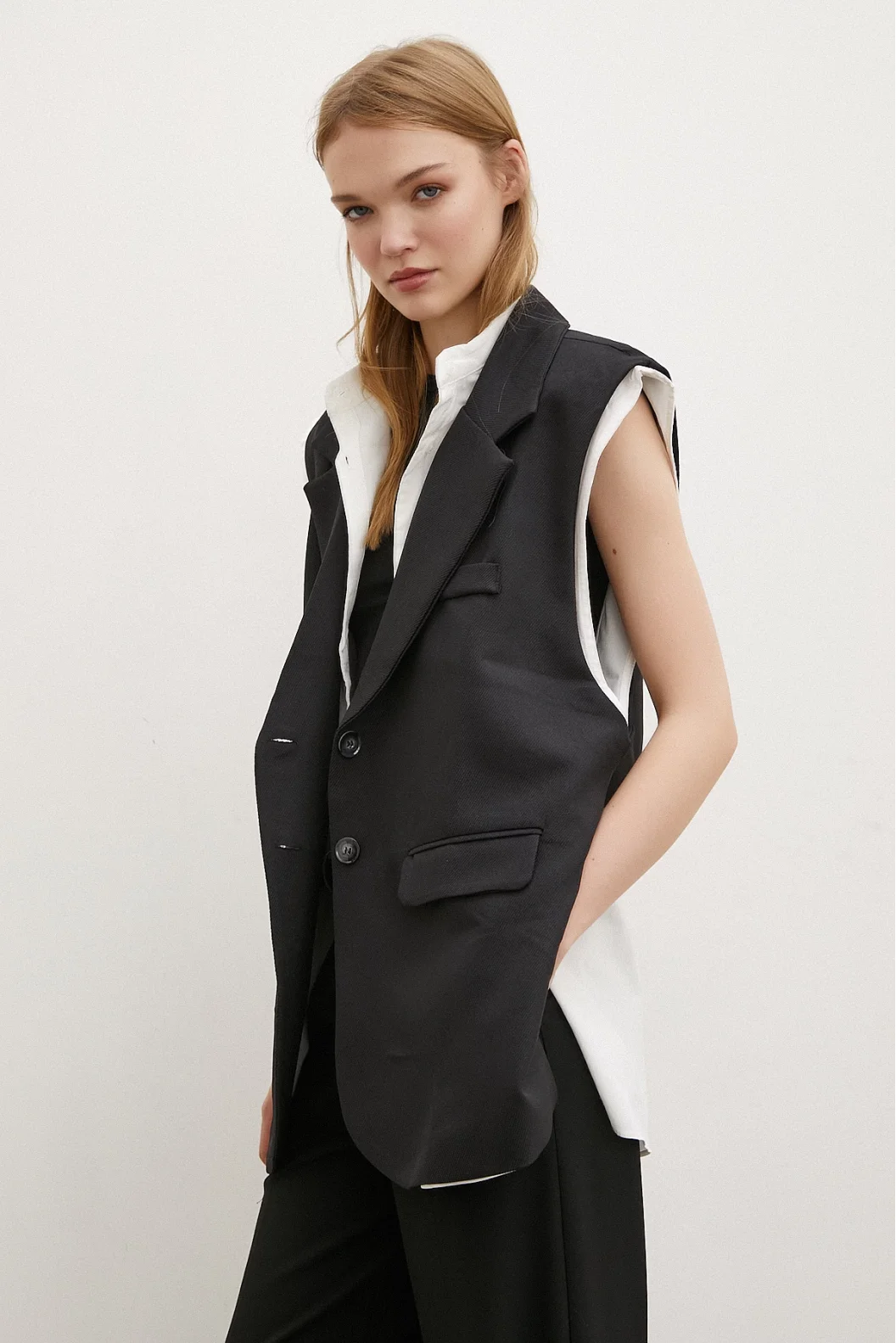 Shawl Collar Shirt Vest Black