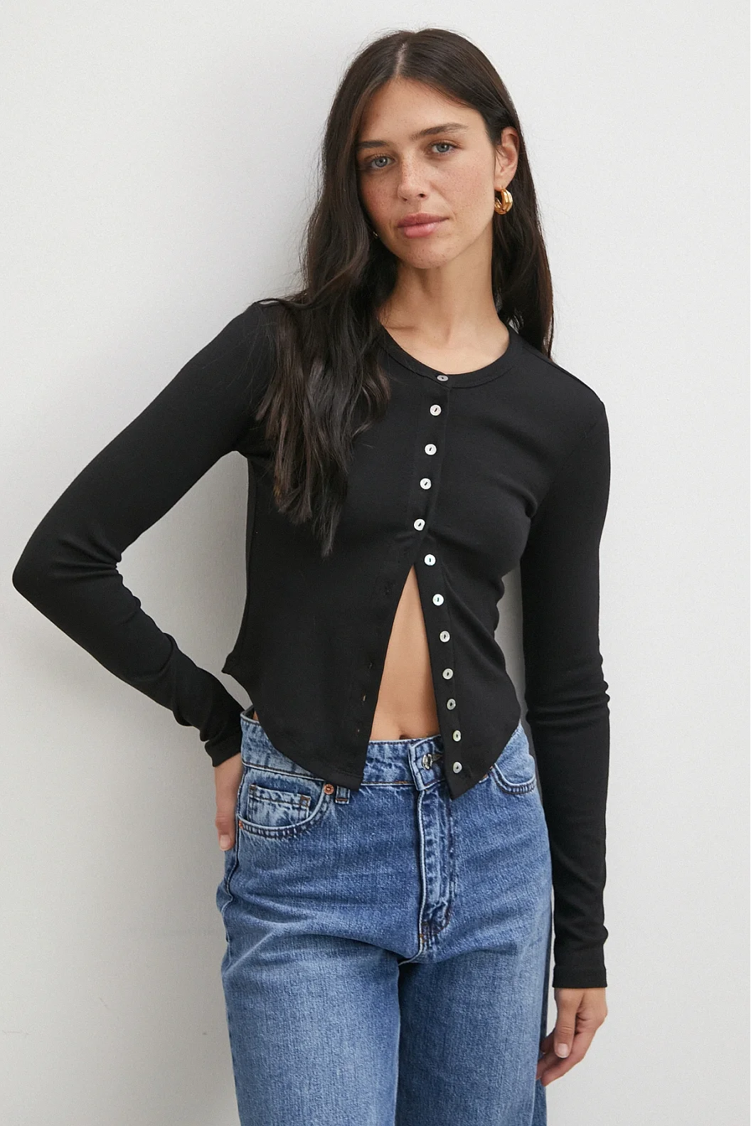 Düğmeli Uzun Kol Bluz Siyah
