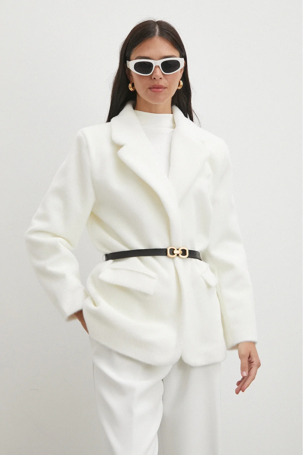 Kemerli Tay Flock Ceket Beyaz