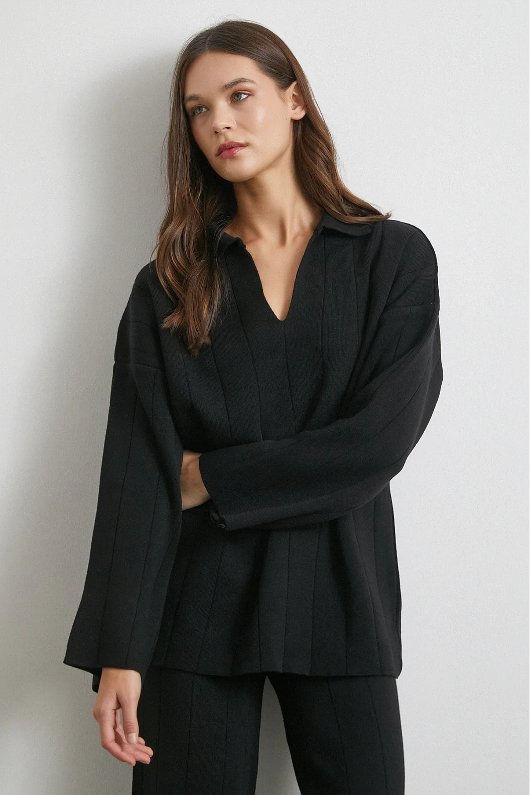 Polo Yaka Pantolonlu Triko Takım Siyah