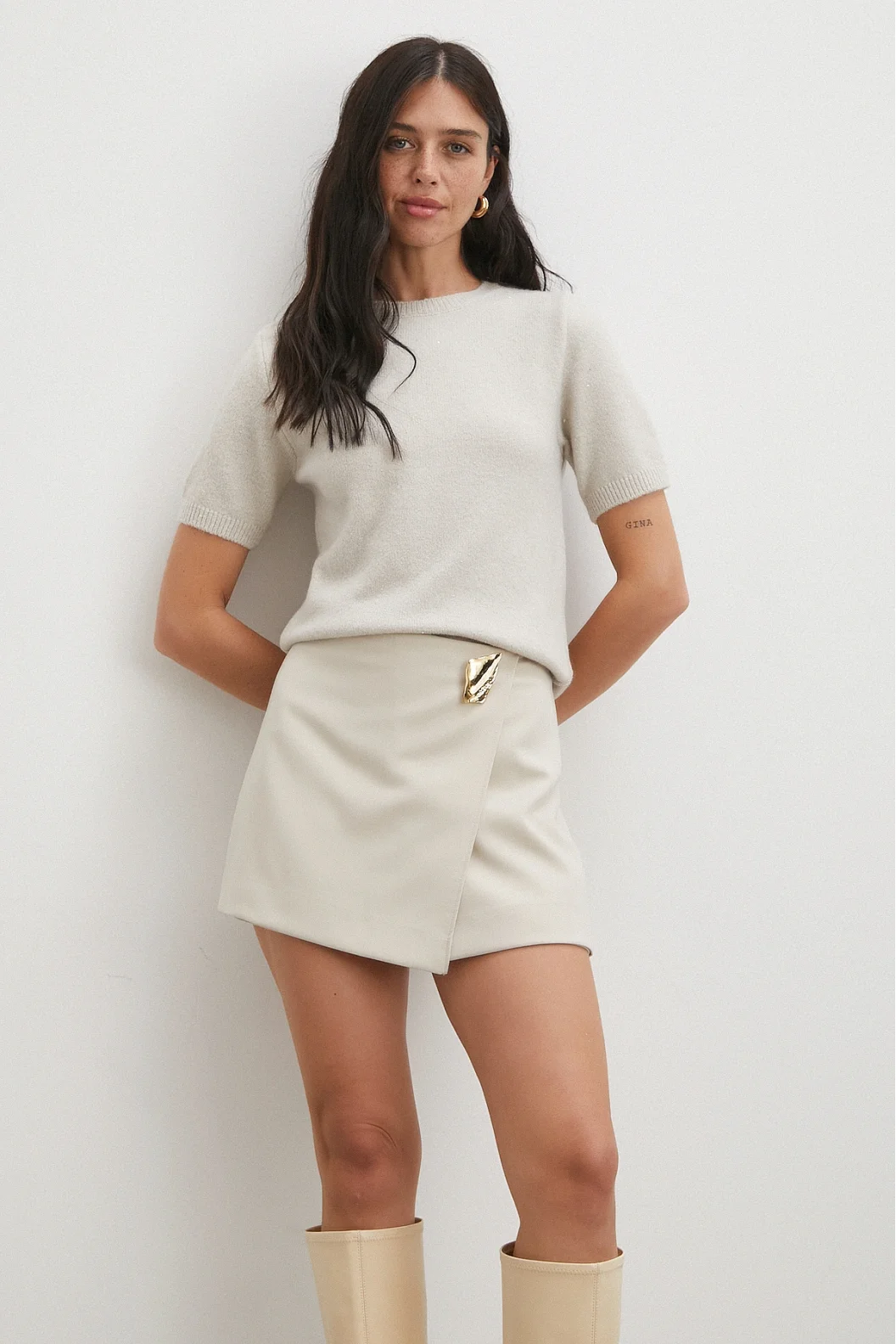 Simli Kısa Kol Kazak Bej