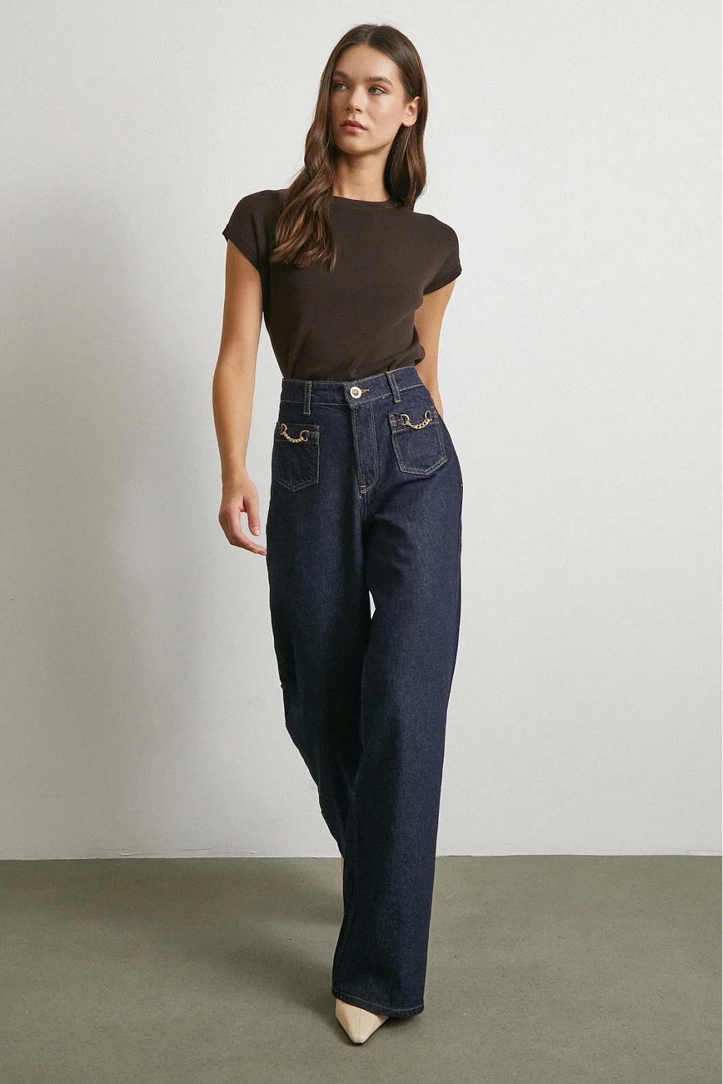 Yüksek Bel Cep Detaylı Zincirli Wide Leg Jean Lacivert