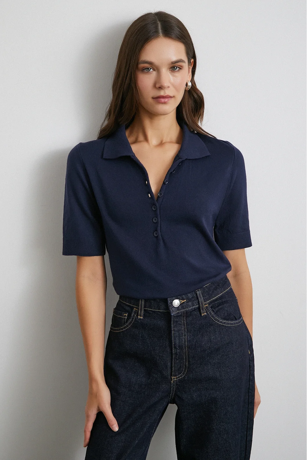 Polo Yaka Düğmeli Kısa Kol Triko Lacivert