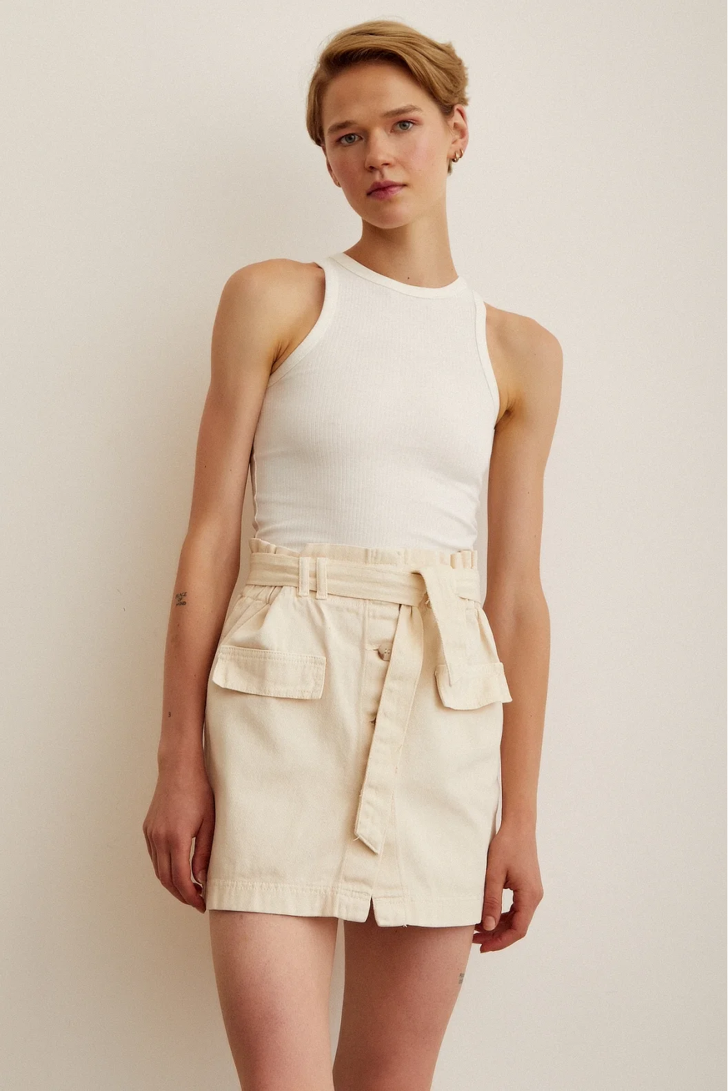 Buttoned Gabardine Skirt Beige