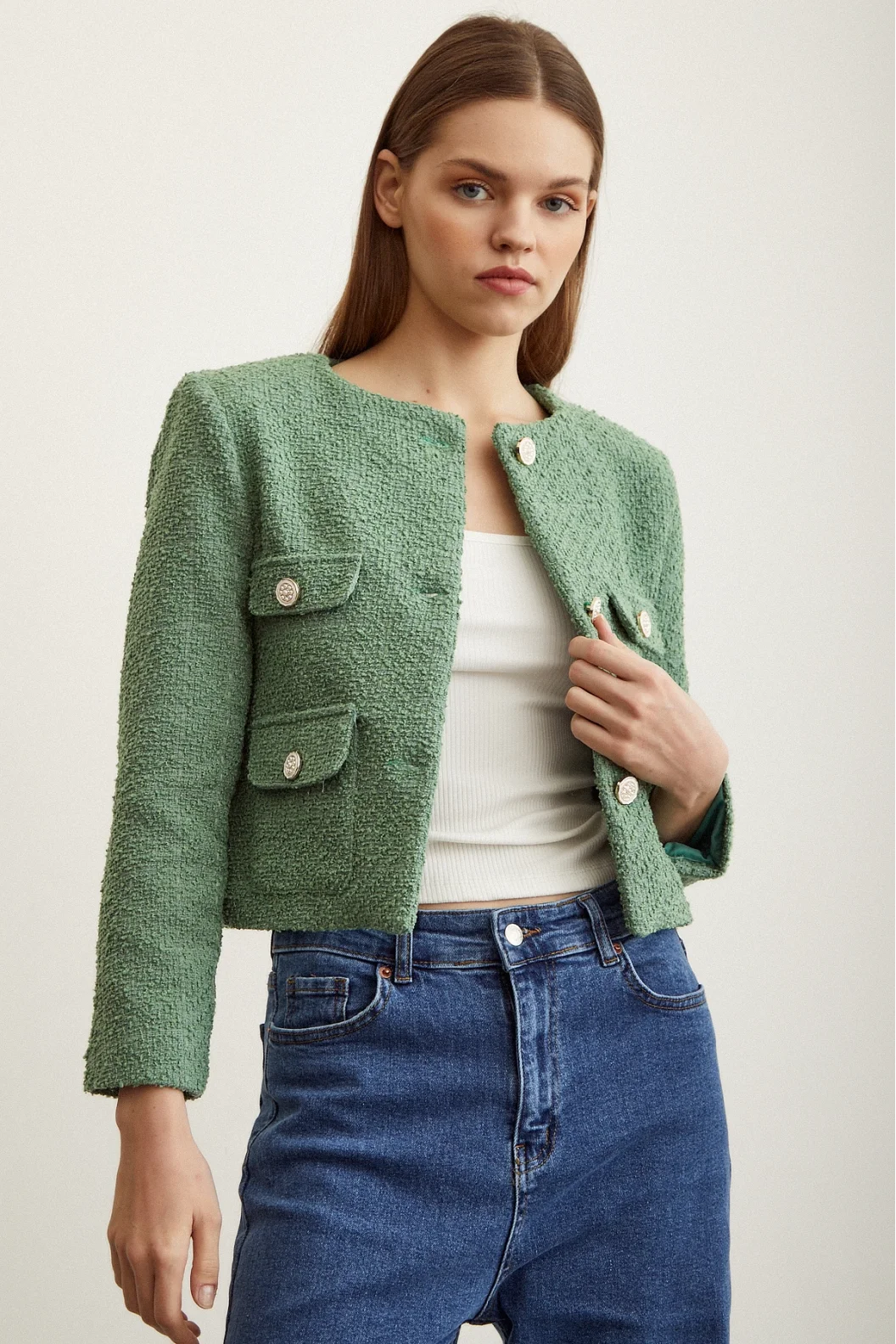 Button Detail Tweed Jacket Green