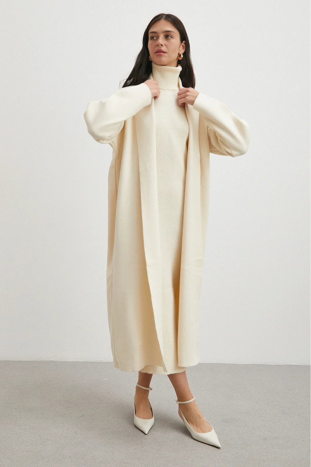 Uzun Elbiseli Hırka Triko Takım Ekru