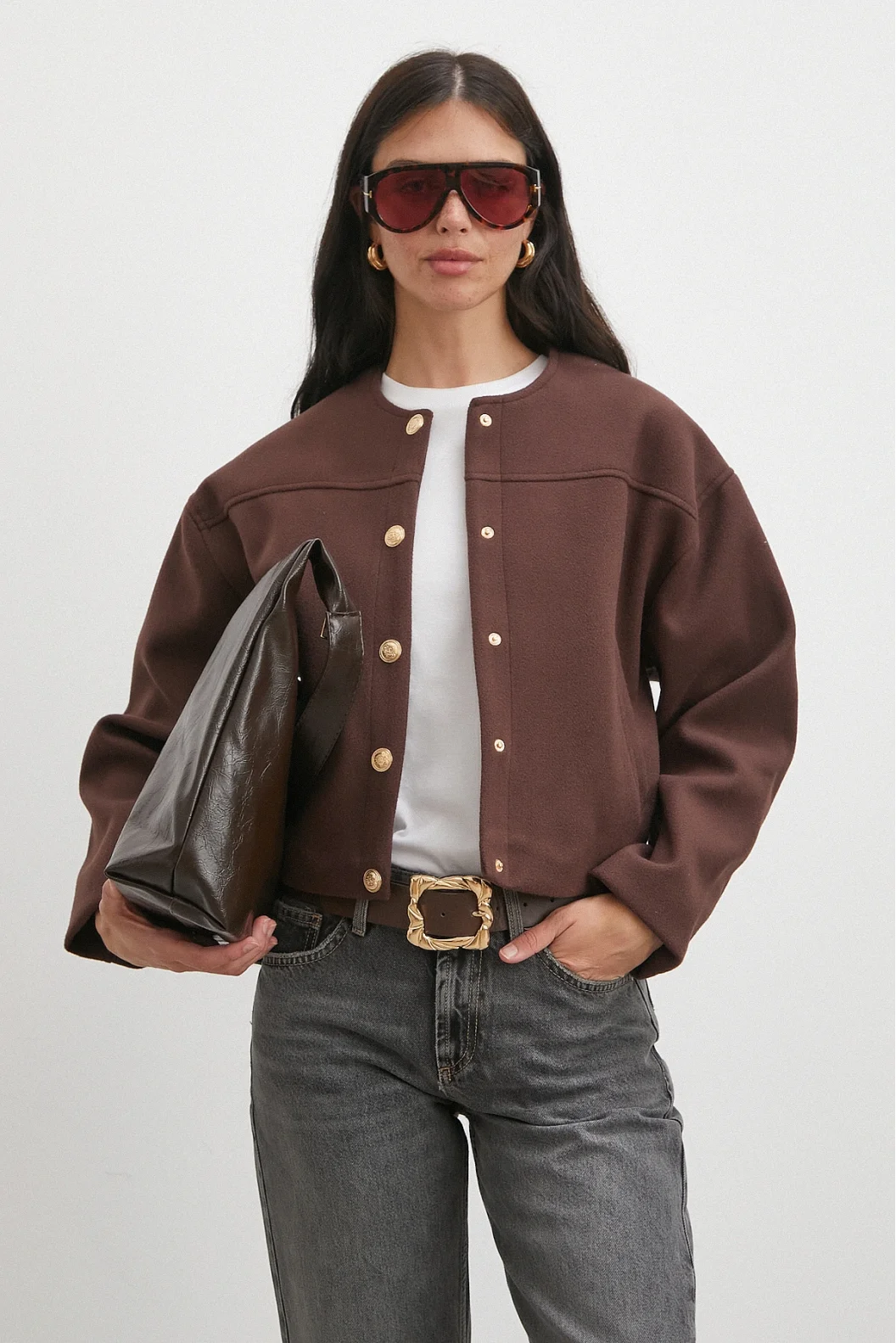 Beli Lastikli Düğmeli Bomber Ceket Kahve