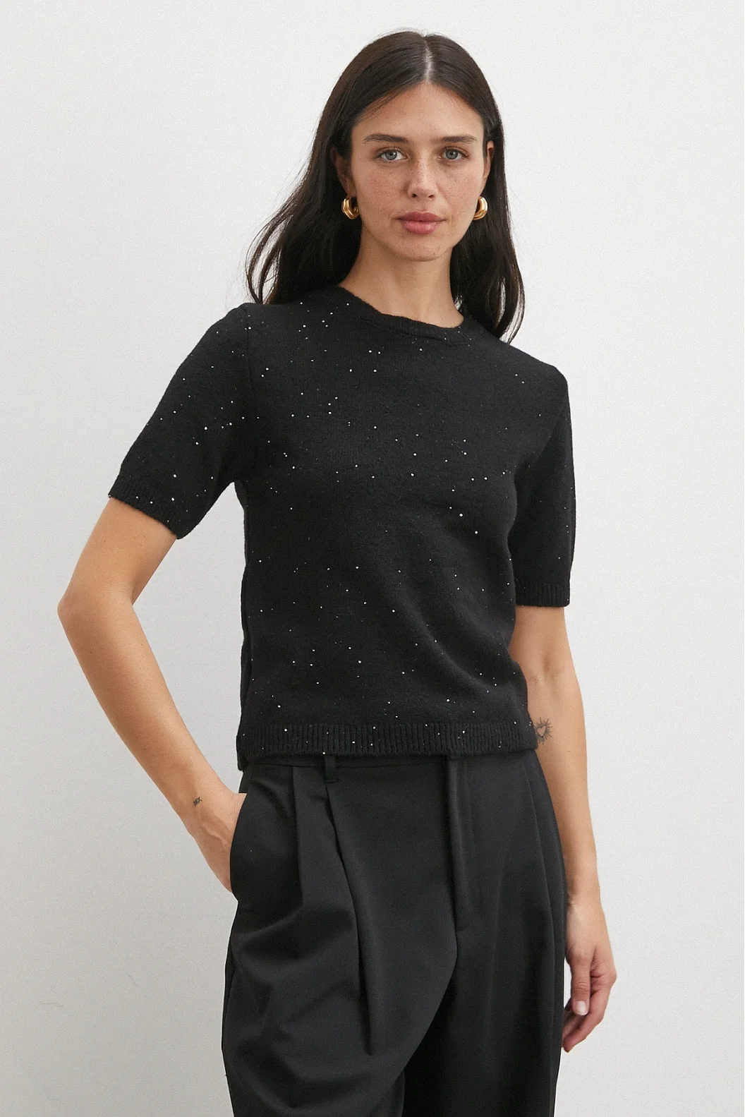 Simli Kısa Kol Kazak Siyah