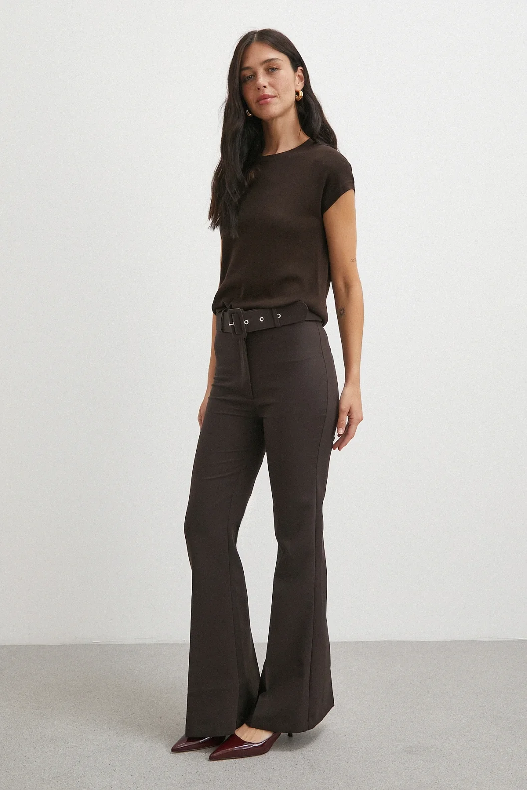 Kemerli İspanyol Paça Pantolon Kahve