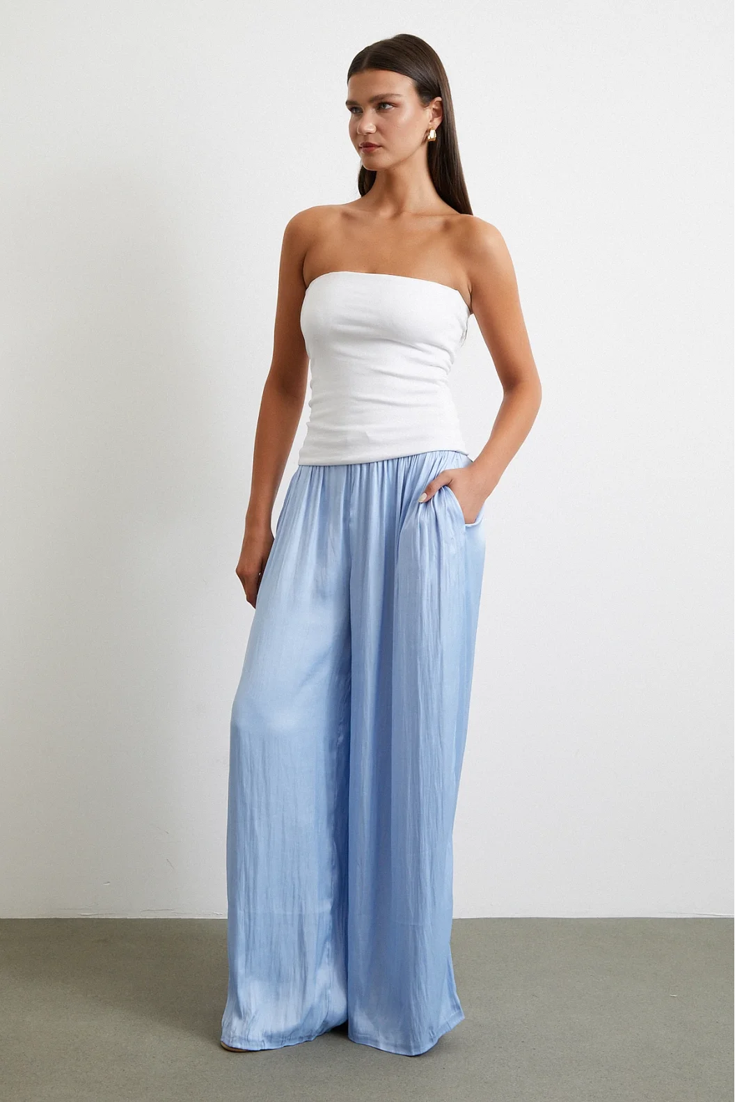 Beli Lastikli Geniş Paça Büzgülü Pantolon Mavi