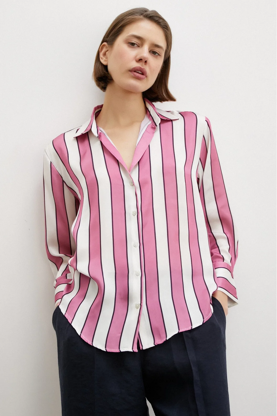 Thick Striped Satin Shirt Pink