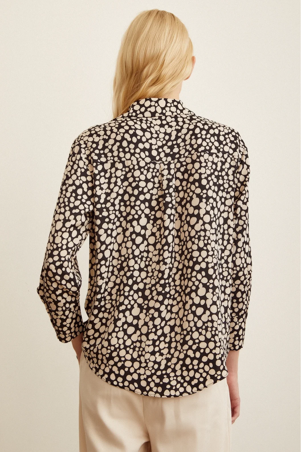 Polka Dot Patterned Satin Shirt Black