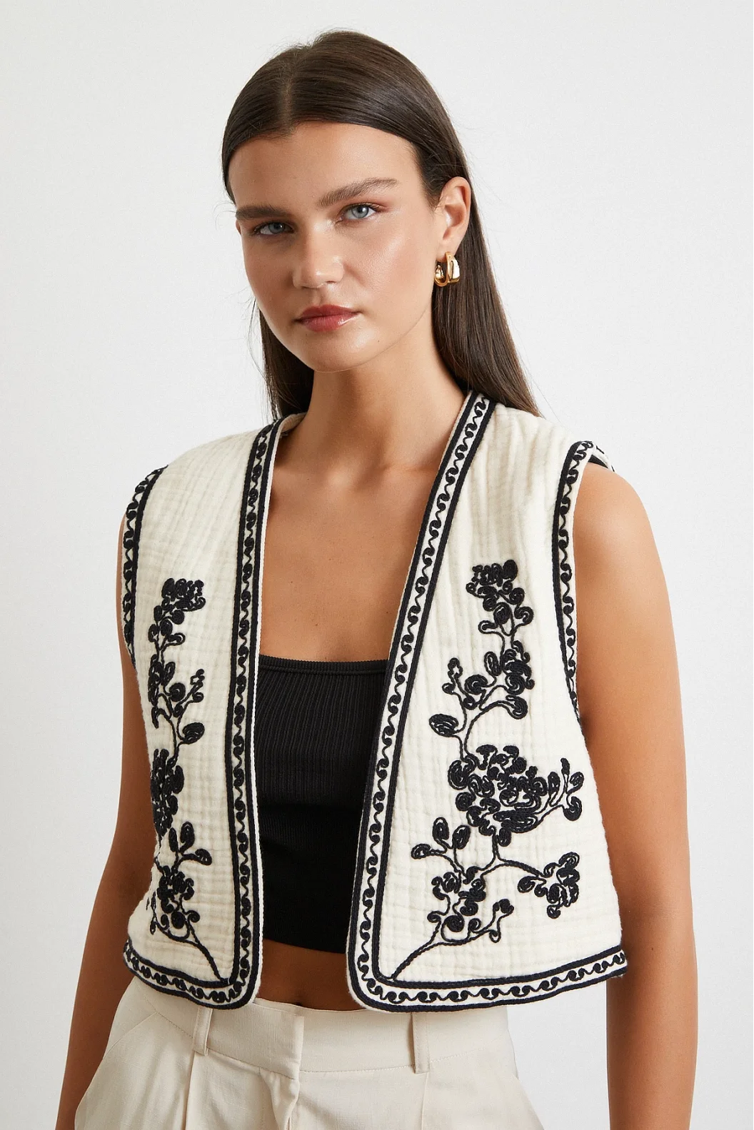 Nakışlı Oversize Yelek Krem