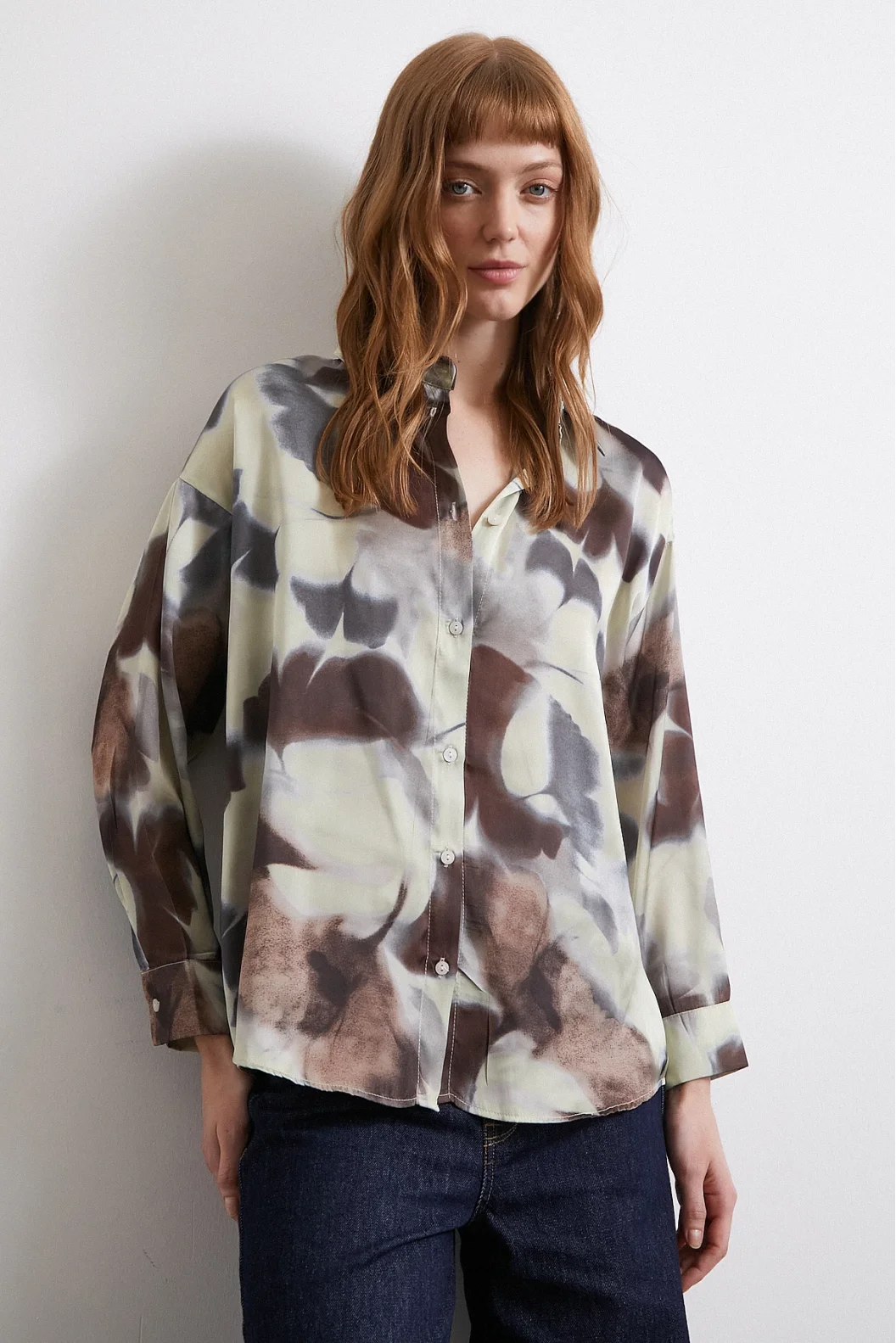 Batik Pattern Satin Shirt Brown