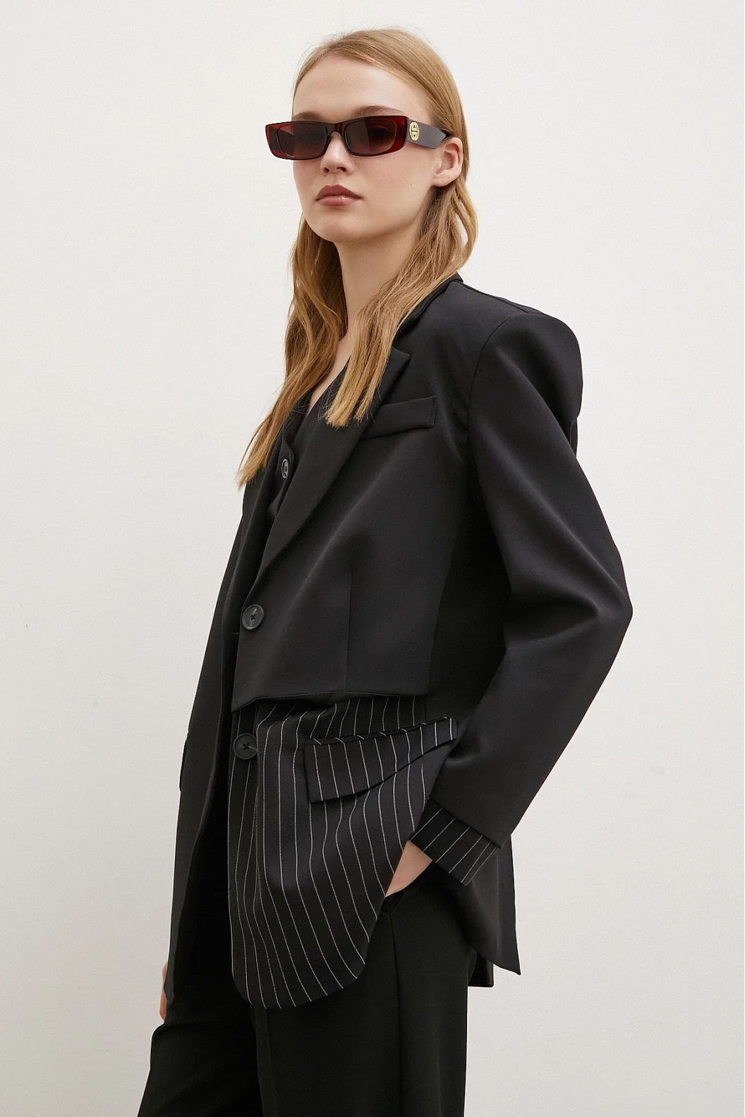 Line Detailed Double Buttoned Blazer Jacket Black