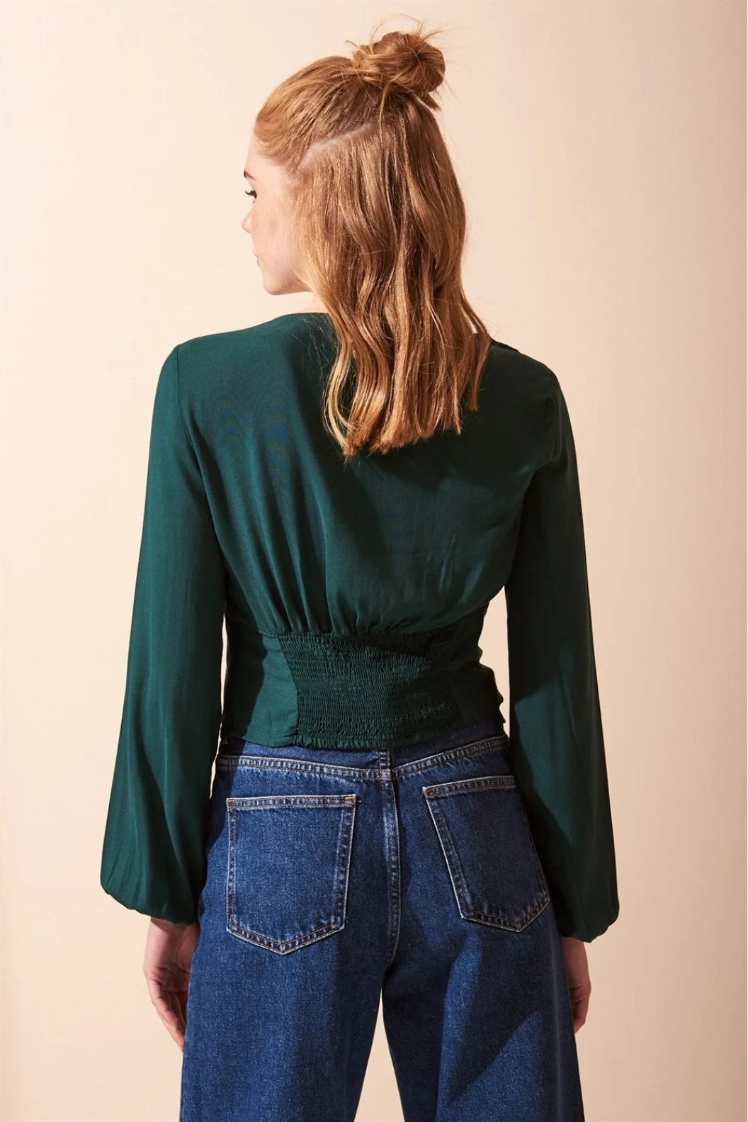 Button Detailed V-Neck Long Sleeve Blouse Green