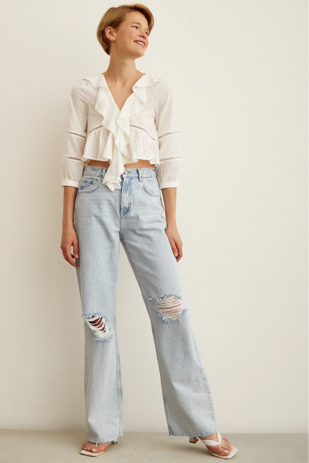 Lace Detail Ruffled Blouse White