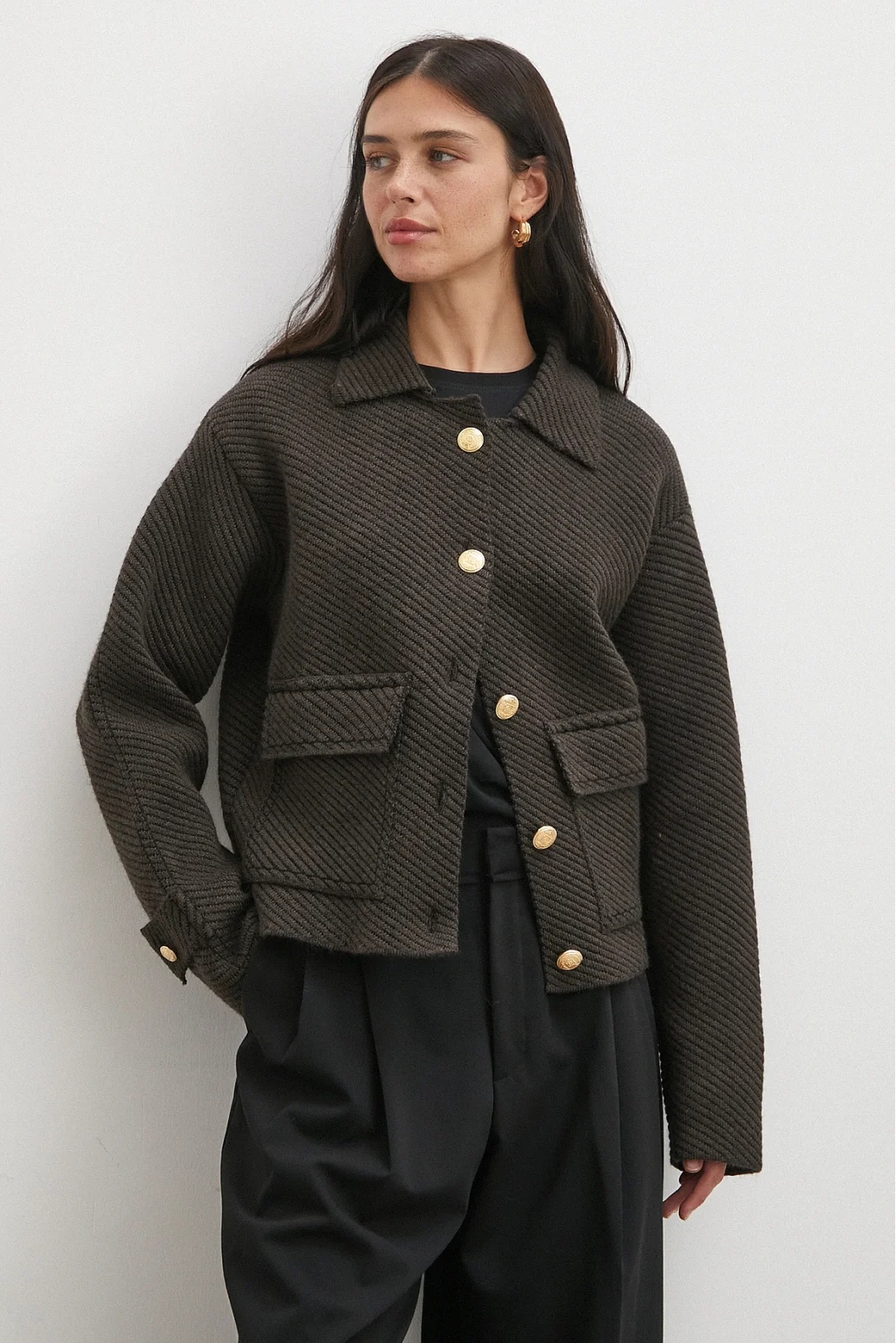 Polo Yaka Cepli Gold Düğmeli Ceket Kahve