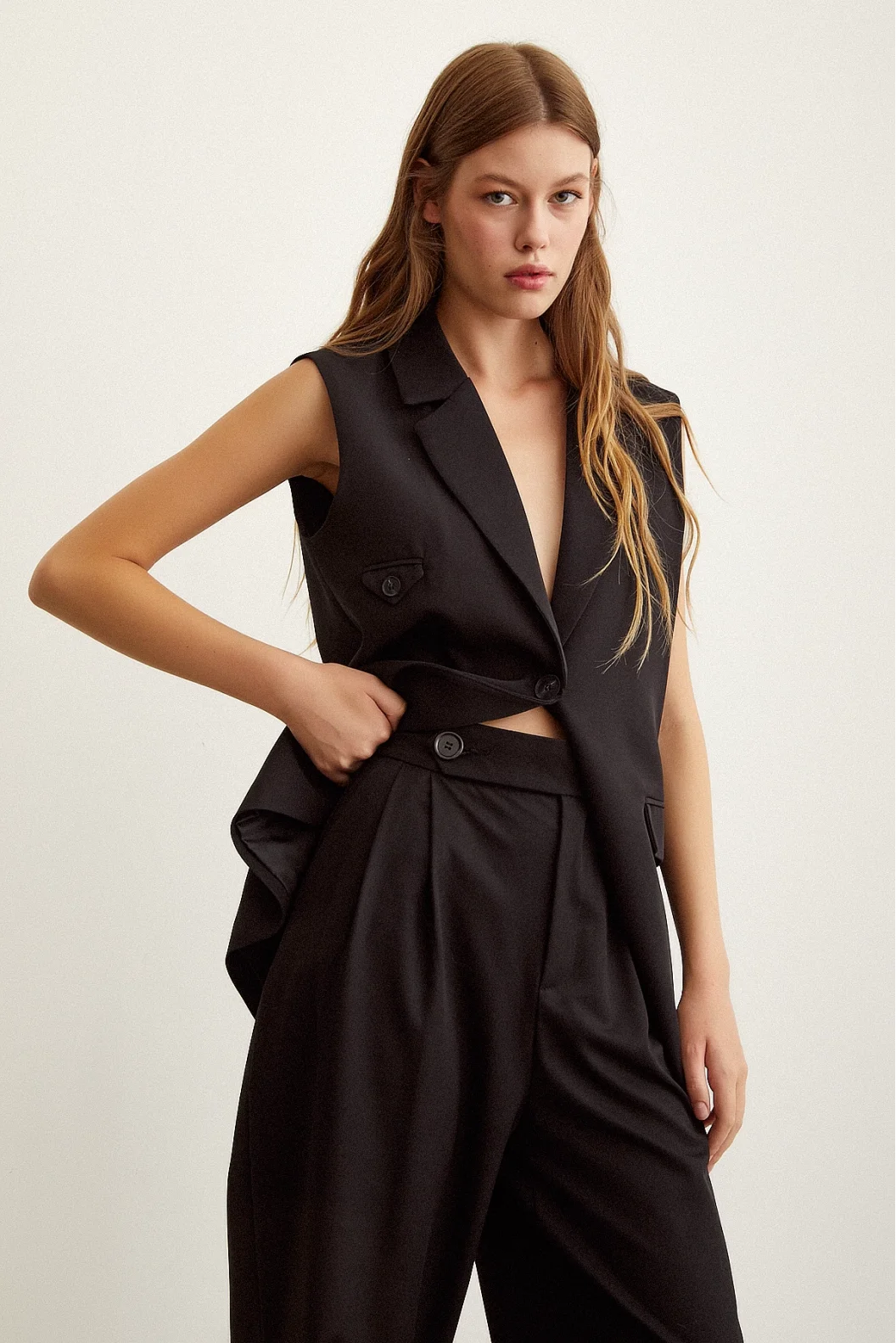 Buttoned Long Vest with Pocket - Black
