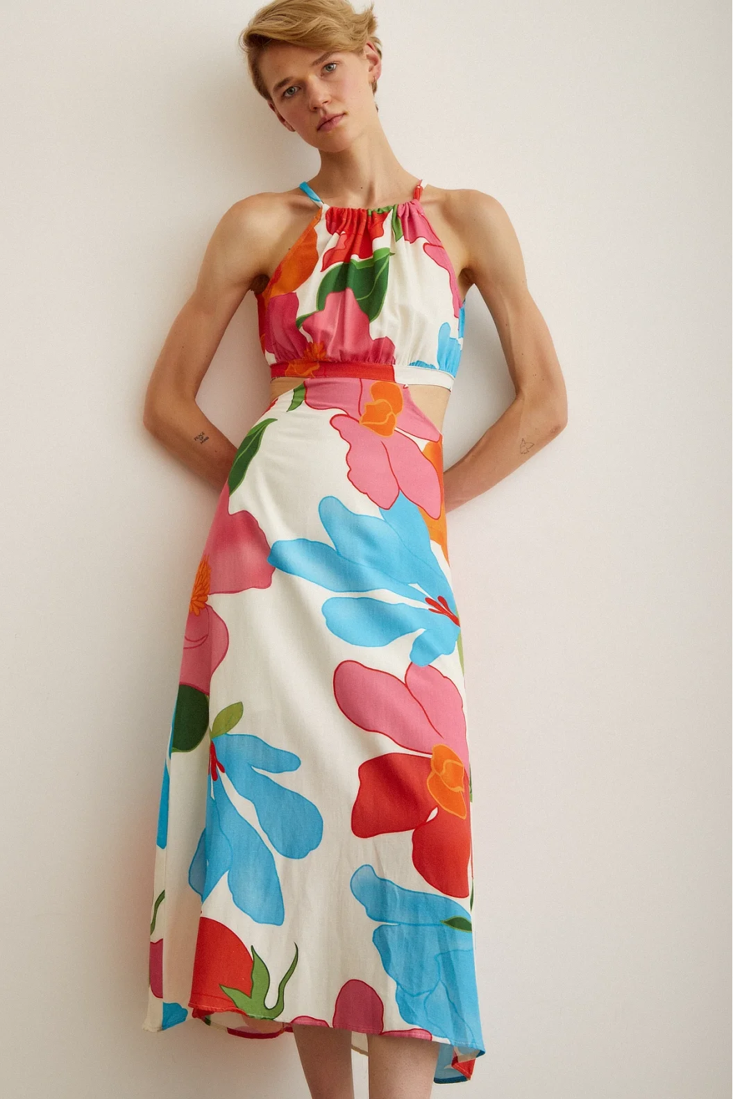 Side Cut Flared Strap Dress Blue