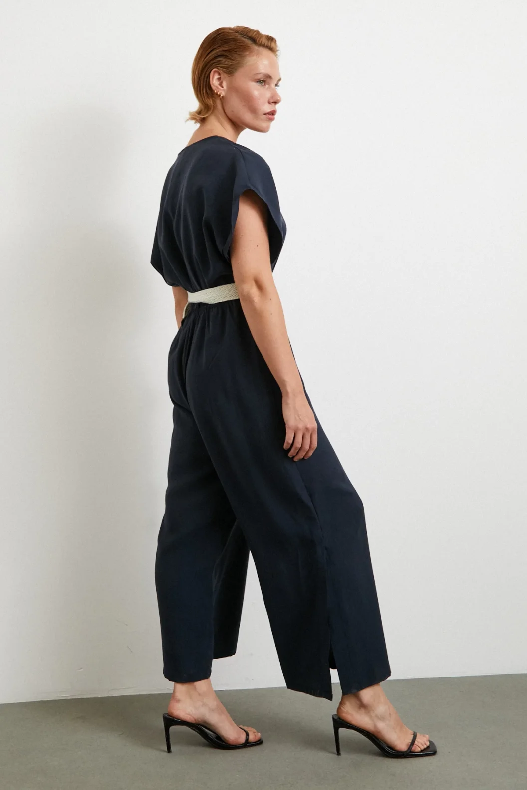 Belt Detailed Bat Sleeve Jumpsuit Navy