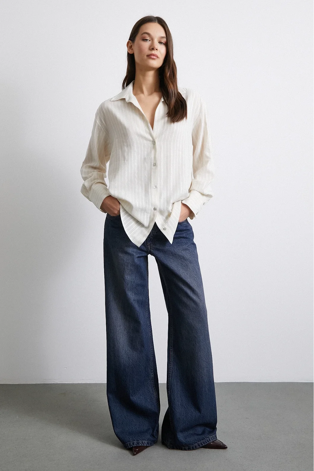 Cotton Glitter Striped Shirt Cream