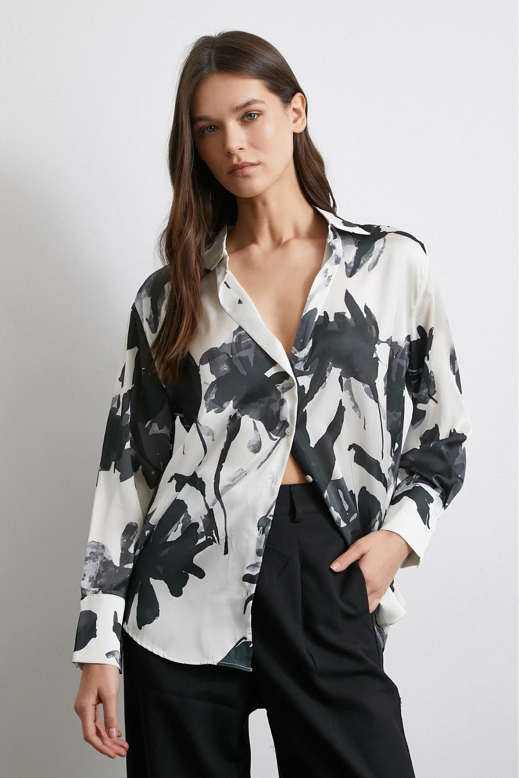 Satin Surface Patterned Black Shirt