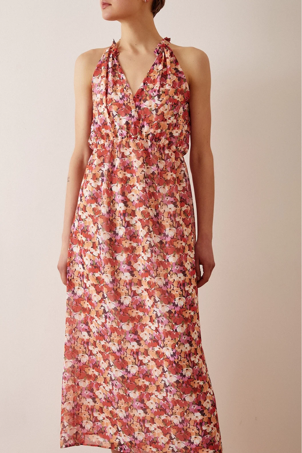 Floral Patterned Strappy Dress Cream