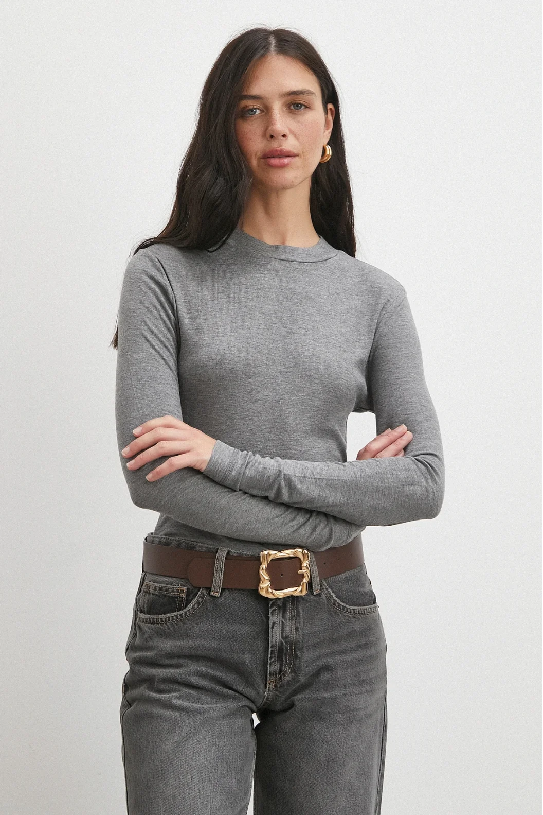 Bisiklet Yaka Uzun  Kol Bluz Gri