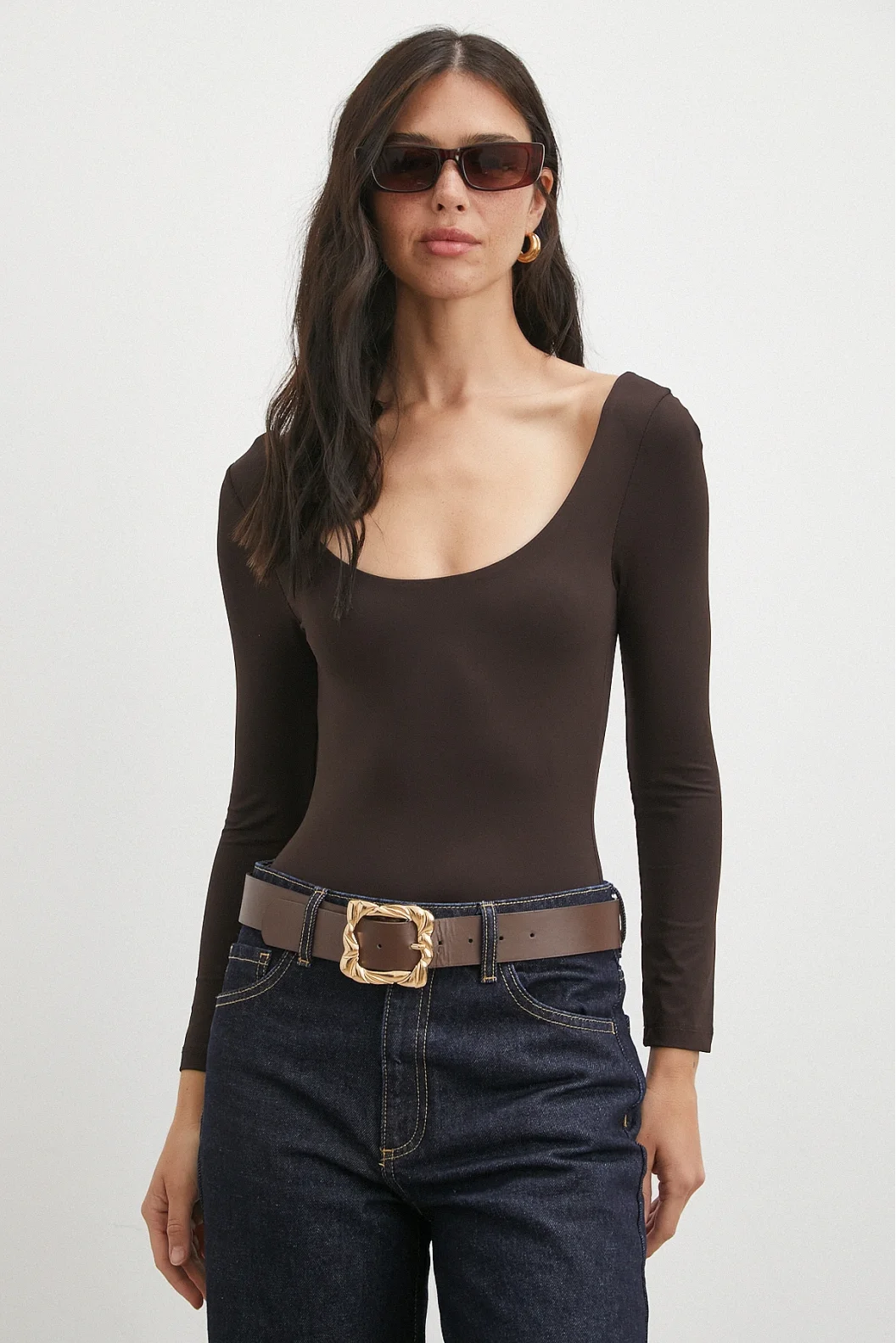 U Yaka Uzun Kollu Çıtçıtlı Bodysuit Kahve