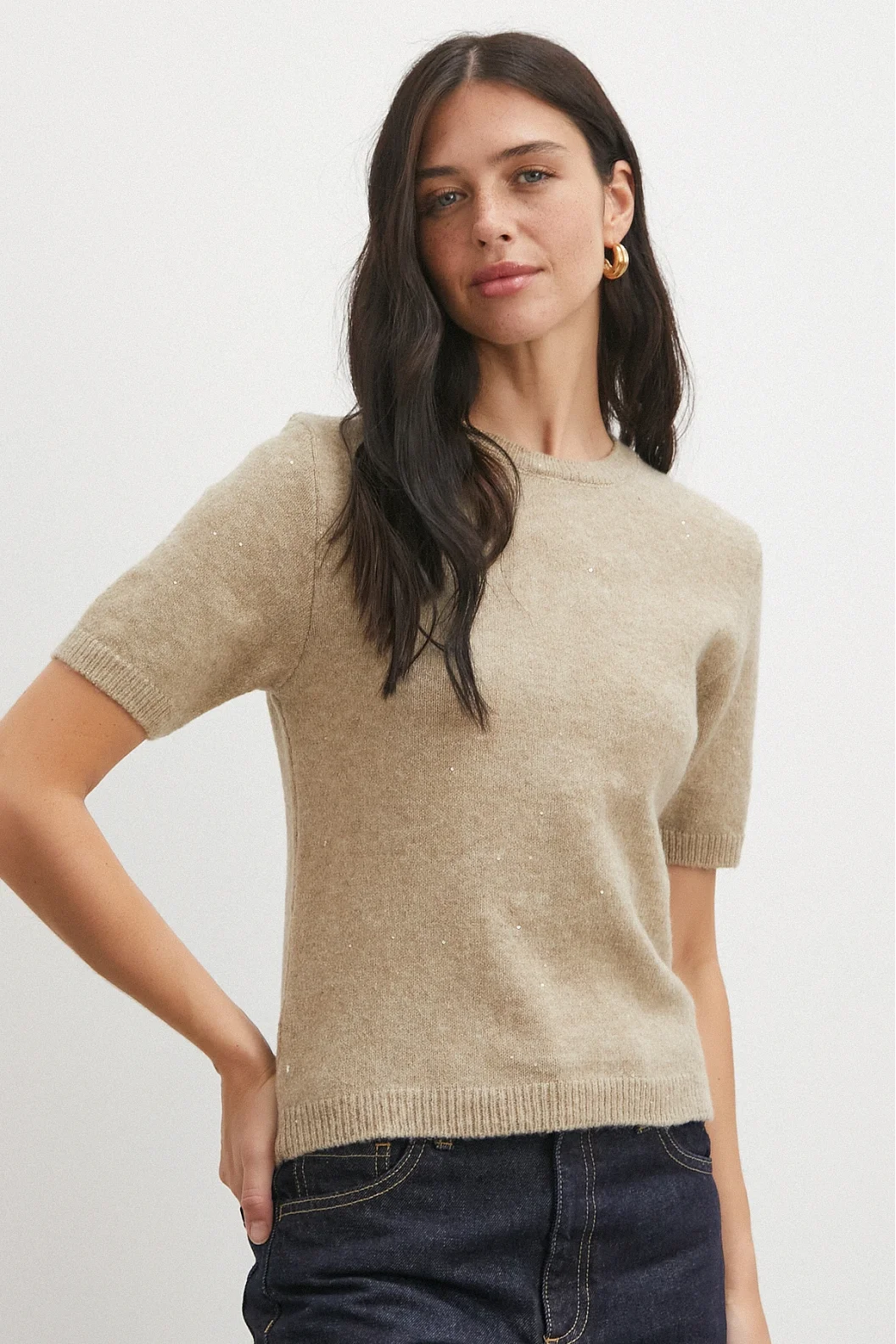 Simli Kısa Kol Kazak Vizon