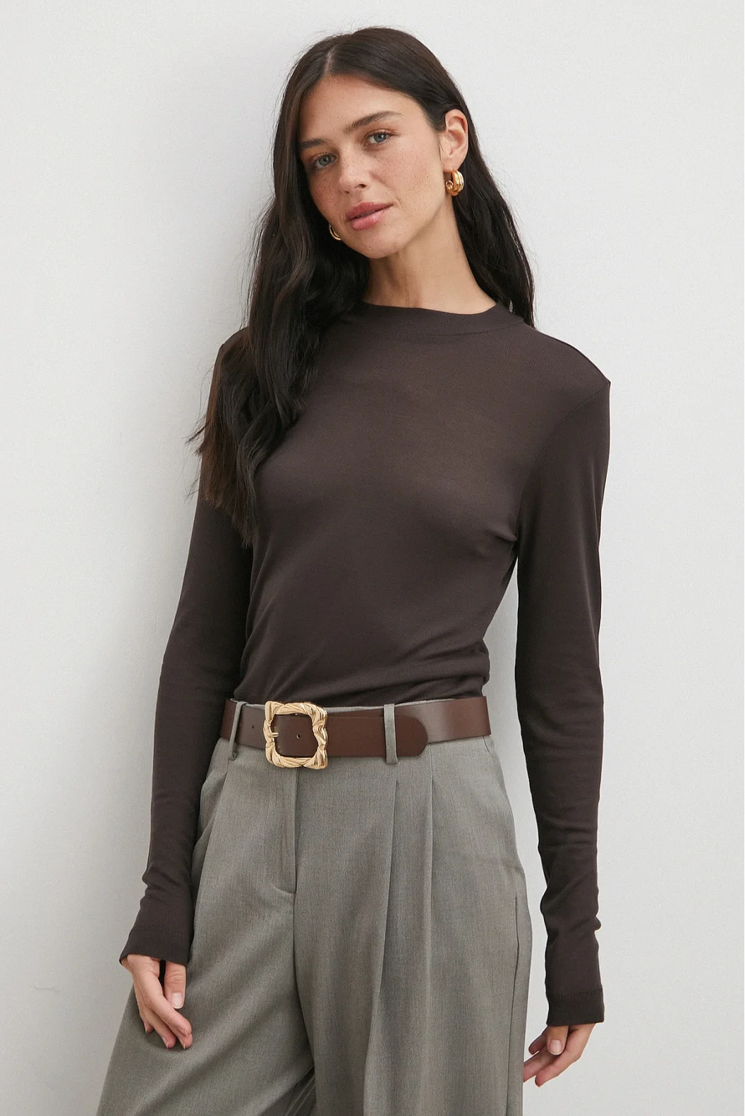 Bisiklet Yaka Uzun  Kol Bluz Kahve