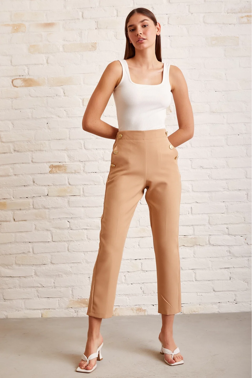 Button Detailed Slim Fit Pants Beige